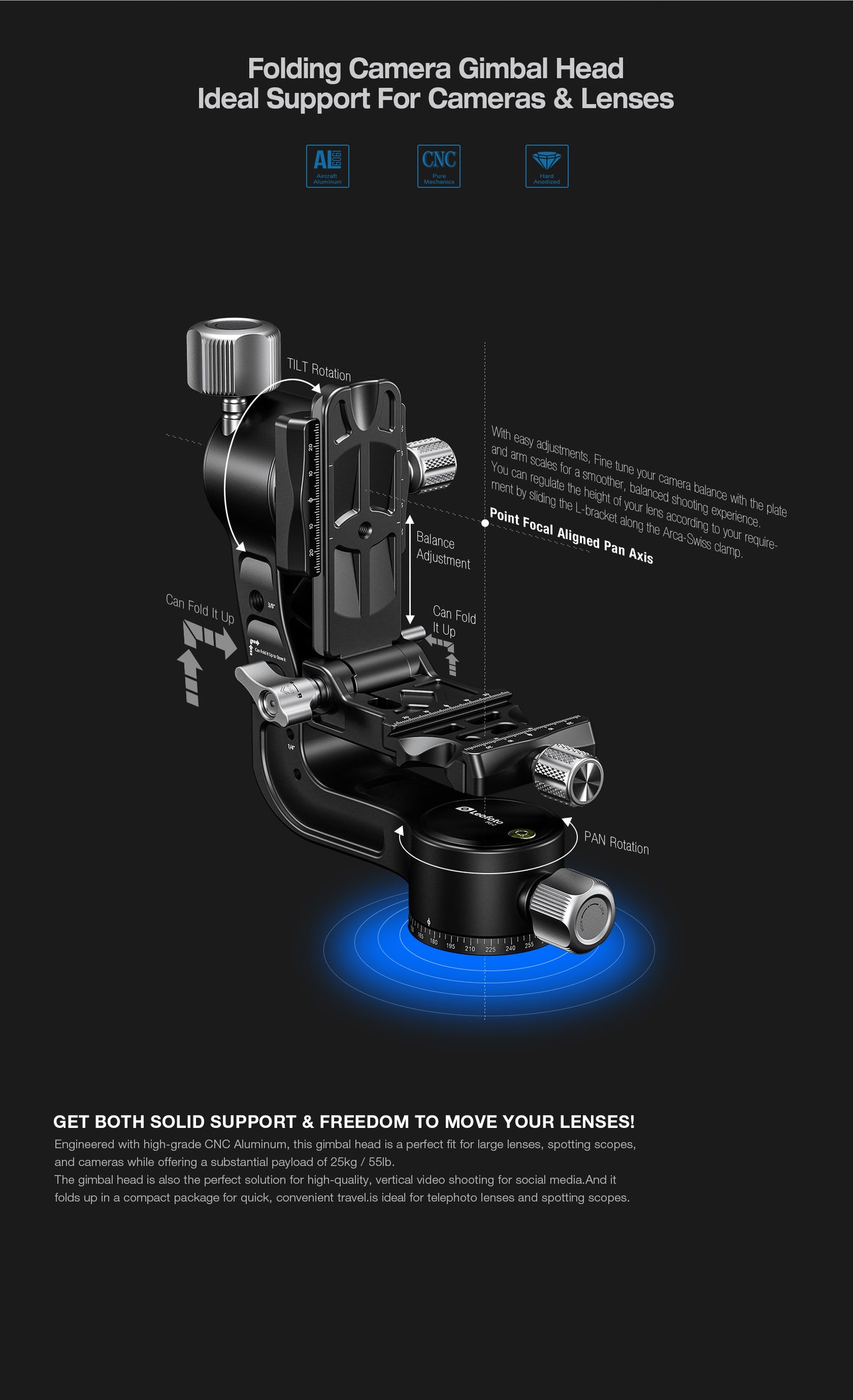 Leofoto PG-2/2s Foldable Travel Fluid-Gimbal Head