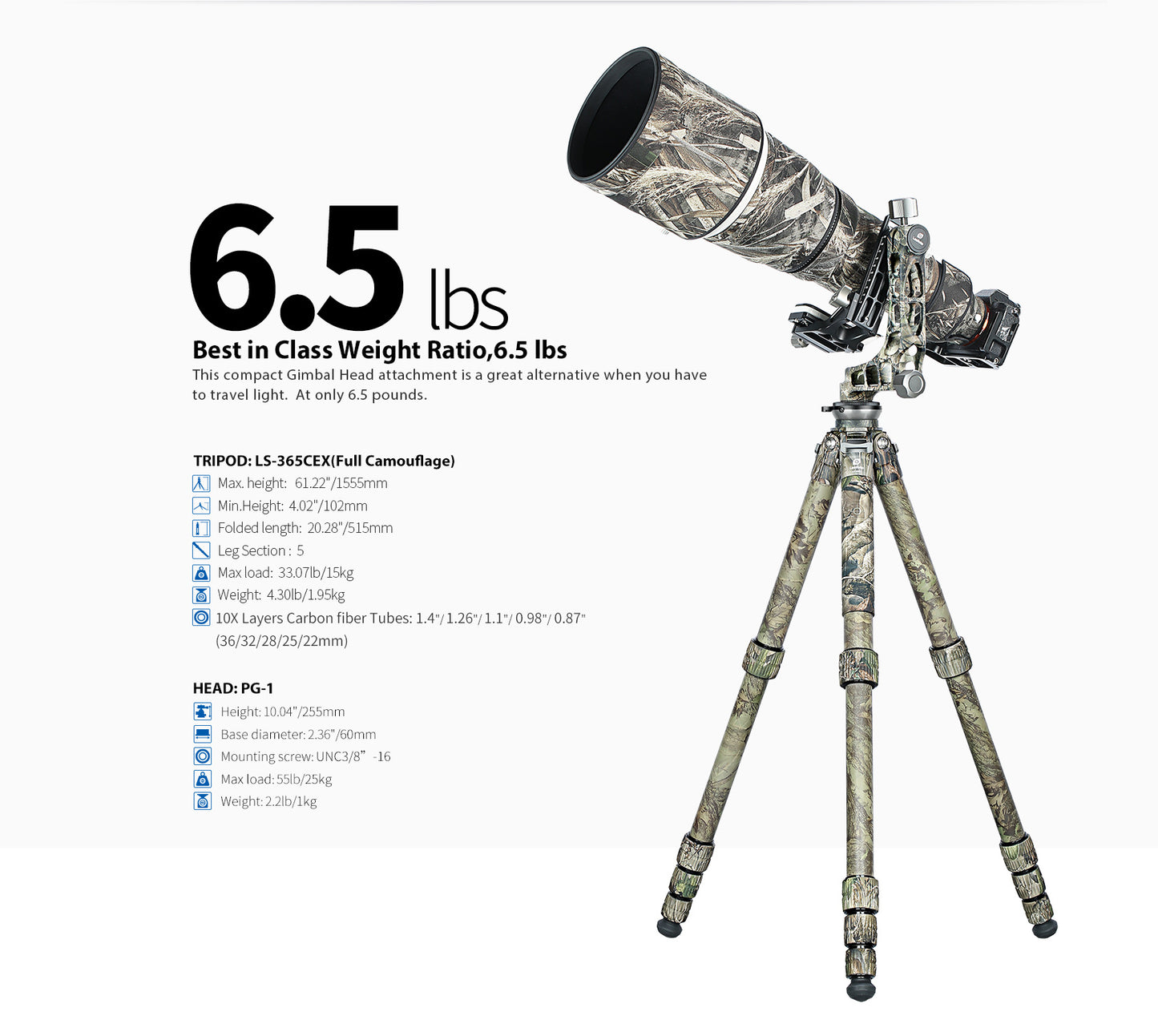 Leofoto Tripod LS-365CEX Full Camouflage + PG-1 Half Camouflaged Gimbal head